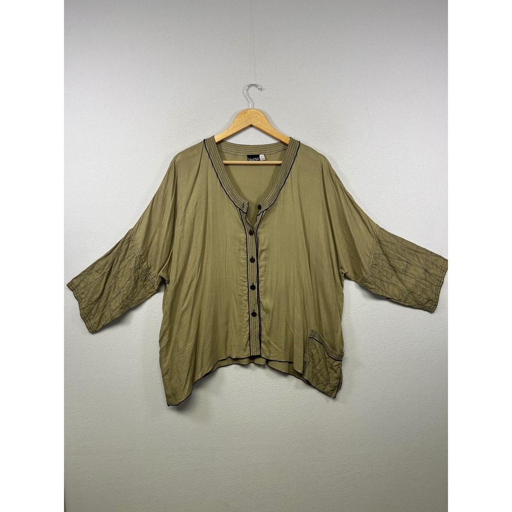 Lagenlook Iguana Womens Medium Olive Green Rayon Asymmetrical Oversized Blouse